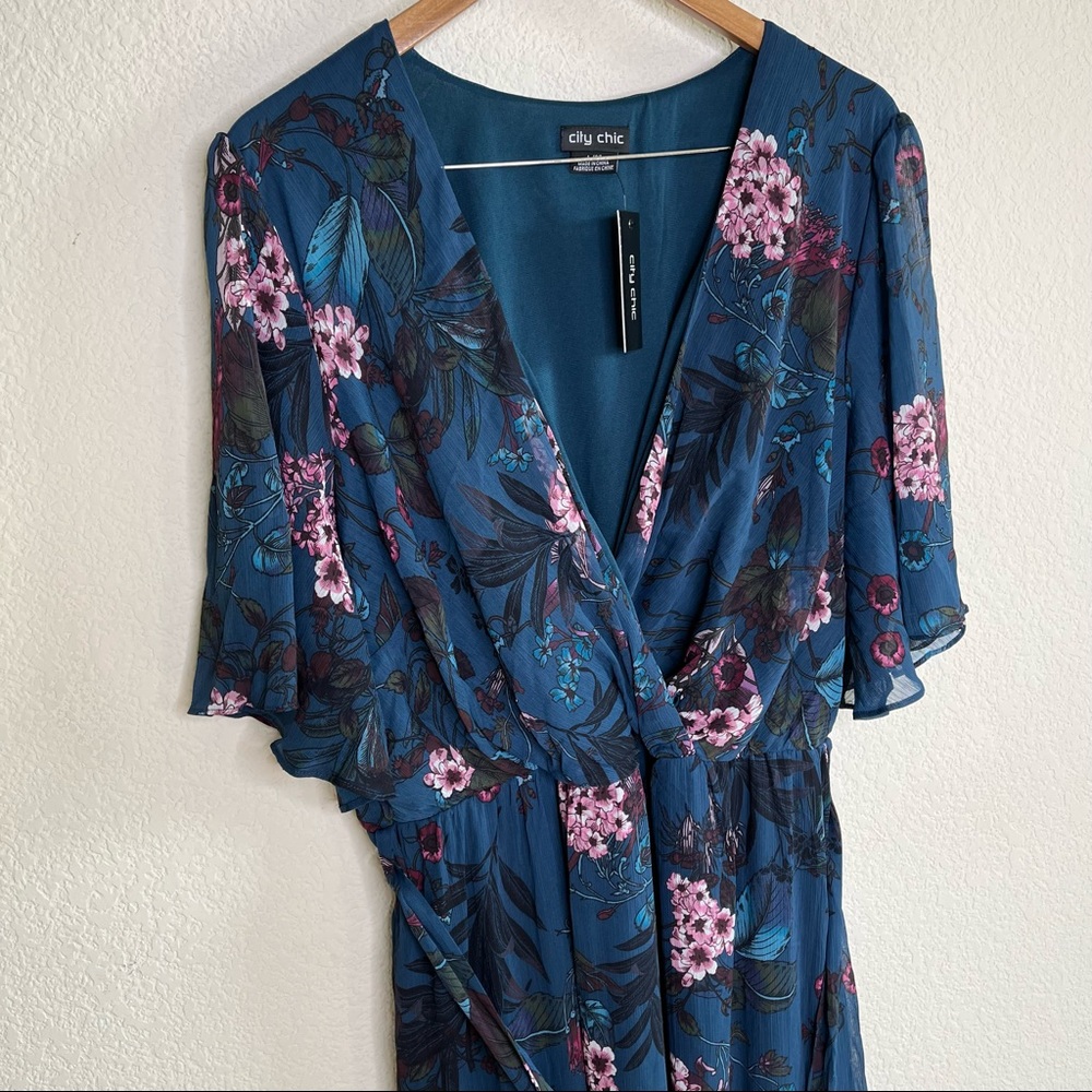 City Chic Maxi Dress Botanica Peacock Teal Blue Ruffle Flutter Sleeve - Picture 5 of 10